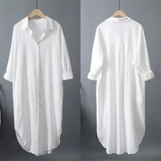 白色防晒衫女2023年夏季防紫外线宽松透气长款棉麻衬衫连衣裙