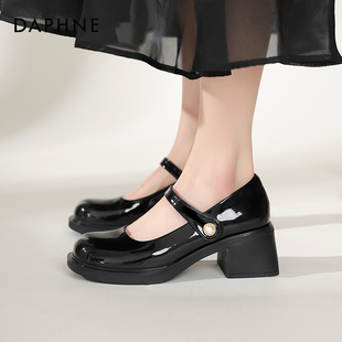 达芙妮法式玛丽珍女鞋2024春季复古单鞋，小皮鞋粗跟高跟鞋女