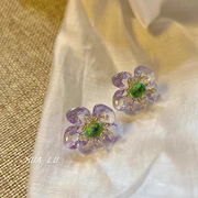 hualu-清水芙蓉~紫色撞色花朵，镶钻耳环小众，设计感独特耳钉耳夹女