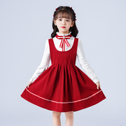 女童秋季连衣裙，2022秋装洋气针织长袖，红色儿童小女孩公主裙子