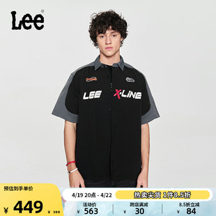 Lee24春夏舒适版赛车元素字母印花设计翻领黑色男短袖衬衫潮