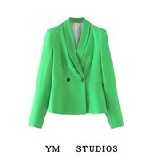 新中式甜美小香风女西装外套翻领，长袖绿色短款双排，扣小西服上衣女