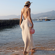 女青海湖旅游露背吊带挂脖拖地长裙，度假连衣裙海边飘逸仙气沙滩裙