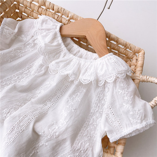 韩版夏季女童白色娃娃衫公主宝宝蕾丝荷叶领短袖衬衫婴儿上衣纯棉