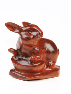 红木雕刻兔工艺品家居玄关摆件 12十二生肖实木质元宝兔子