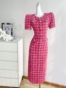 玫粉色复古小香风连衣裙女夏季长裙，高级感气质，法式赫本风礼服裙子