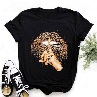 leopardlipst-shirt欧美ins风大码黑色t恤豹纹，嘴唇女上衣体恤