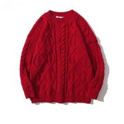 新年大红色毛衣男潮慵懒粗麻花，针织衫外套圣诞情侣纯色线衣男