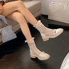 真皮镂空短靴女夏季薄款网纱凉靴透气女靴白色，靴子马丁靴网靴