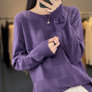 今年流行的紫色上衣薄款纯棉圆领针织衫，女宽松慵懒风短款毛衣外套