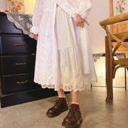 甜美森系镂空蕾丝拼接中长款纯棉半身裙松紧，腰白色打底裙内衬裙