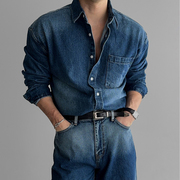 东大门韩国男装长袖衬衫，牛仔水洗廓形宽松休闲翻领衬衣潮外套