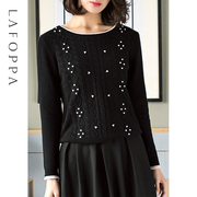 lafoppa羊绒衫女冬季高端轻奢双线加厚重磅，纯色圆领黑色毛衣