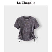 拉夏贝尔/La Chapelle抽绳收腰显瘦短袖t恤女夏扎染短款圆领上衣