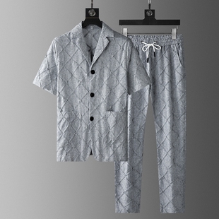 沃布梵高端时尚棉麻短袖西装套装男士夏季薄款宽松亚麻开衫两件套