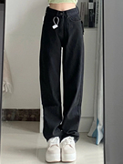 THREE12 酷黑神裤秋季高腰直筒牛仔裤女梨形身材拖地裤子