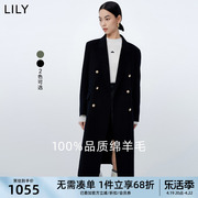 LILY女装全绵羊毛复古双排扣气质通勤长款毛呢外套大衣