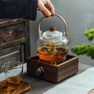胡桃木电陶炉煮茶器玻璃烧水壶，白茶煮茶壶全自动小型电热茶炉套装