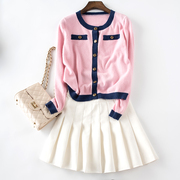 秋季甜美学院风单排扣长袖，高腰短款低圆领针织粉红色女士羊绒开衫