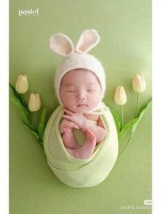 夏季主题影楼新生儿拍照兔，耳朵帽子裹布满月婴儿，宝宝摄影衣服道具