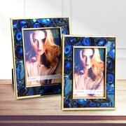 现代创意轻奢金属蓝色玛瑙石纹6寸7寸高档结婚照相框软装饰品摆件
