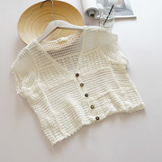 棉线针织镂空短袖，防晒短款空调衫女夏季开衫薄款v领