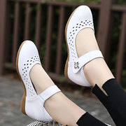 春夏季护士鞋白色真皮坡跟，单鞋内增高小白鞋牛筋软底浅口镂空女鞋
