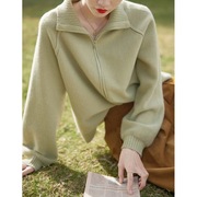 绿色翻领上衣法式复古拉链针织开衫秋外穿休闲宽松毛衣外套女