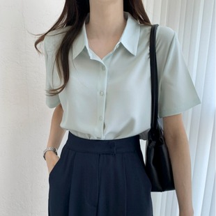 韩国chic夏季简约纯色法式小众高级感翻领短袖雪纺衬衫上衣女