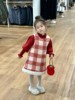 红色韩系女童格子连衣裙毛呢背心裙，小童泡泡袖毛衣针织上衣新年装