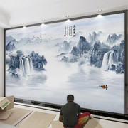 新中式电视背景墙壁纸流水生财山水墙布3d墙纸，书房客厅沙发墙壁画