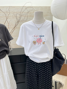 小哲 T恤女短袖夏季2024韩国宽松百搭刺绣卡通图案休闲上衣