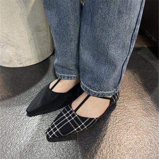 韩国东大门女单鞋子24春季尖头浅口绑带平底豹纹格子玛丽珍鞋