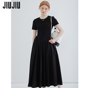 jiujiu针织拼接黑色连衣裙，女2024夏季法式高级感气质显瘦长裙