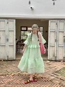 法式气质泡泡袖雪纺小清新连衣裙，收腰显瘦仙气绿色设计感公主裙女
