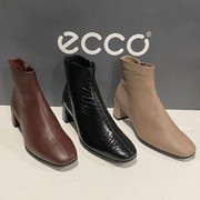 ECCO爱步女靴秋冬牛皮简约通勤方头时装靴粗跟短靴皮靴290633型塑