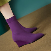 2024针织袜靴瘦瘦坡跟鞋尖头坡跟紫色短靴女坡跟靴子高跟女鞋