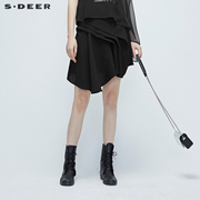 sdeer圣迪奥女装夏装个性黑色裙子高级感褶皱短裙半身裙S20281305