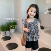 女童韩版衬衫洋气无袖上衣2023夏儿童(夏儿童)黑白，格子打揽娃娃衫