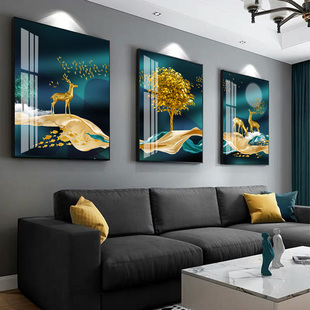 现代客厅装饰画沙发背景墙高端北欧晶瓷画麋鹿三联画复古防水挂画