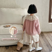韩国童装女童毛线开衫秋季2023中小童甜美纱领外套水晶绒毛衣