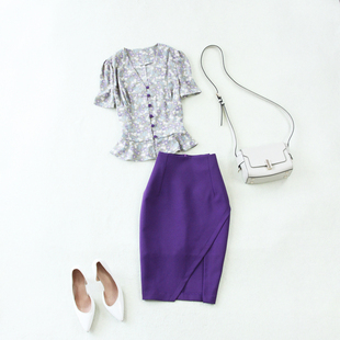 2件大码夏季印花雪纺，小衫+紫色包臀铅笔半身裙套装