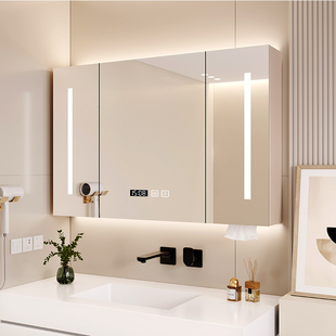 奶油风实木智能浴室镜柜挂墙式卫生间浴室镜子洗手间置物架储物柜