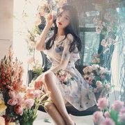 韩国品牌小个子女装清新超仙雪纺水墨印花朵短袖连衣裙子