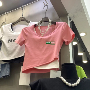 莫代尔纯棉印花假两件短袖T恤女潮夏季韩版圆领短款不规则006