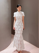 2024sp元版高品质蕾丝刺绣镂空花朵拼接短袖圆领连衣裙
