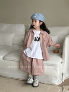 韩版夏季女童复古纯色短袖西装套装男宝宝时髦七分裤两件套