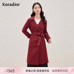 珂莱蒂尔女装秋季红色风衣中长款薄款双排，扣外套今年流行