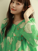实物chao美的绿色大鹅纯棉纱布长裙圆领卡通长袖连衣裙春季睡裙