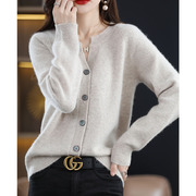 秋冬100%美丽诺纯羊毛宝石领简约时尚羊绒针织开衫纯色上衣